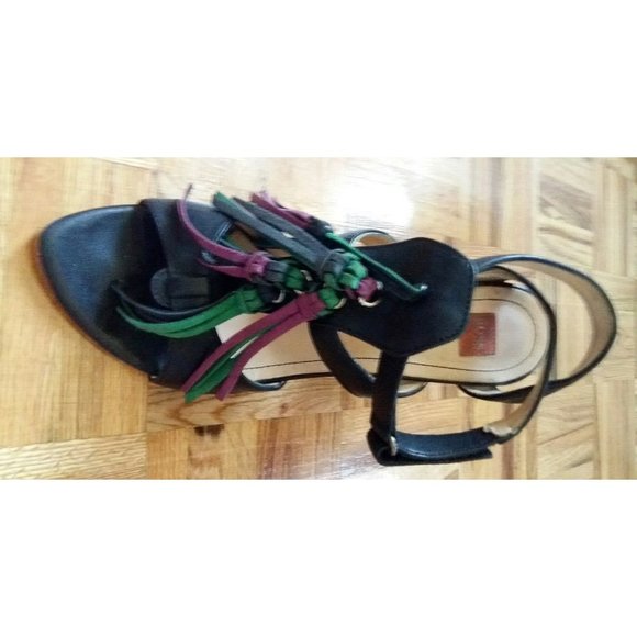 Hugo Boss strappy leather black w/ fringe leather high heels sandals shoes 38 8 - Picture 6 of 13